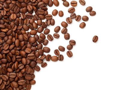 Coffee beans isolated on white background. Roasted arabica. Empty room for text. Copy space. Flat lay. Top viewの写真素材