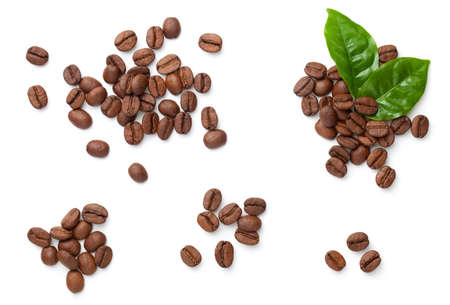 Coffee beans isolated on white background. Roasted arabica. Flat lay, top viewの写真素材
