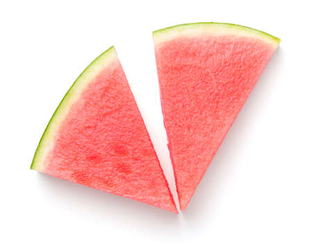 Sliced watermelon isolated on white background. Top view, flat layの写真素材