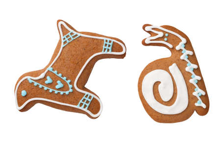 Gingerbread dog and snail cookies isolated on white background. View from aboveの写真素材