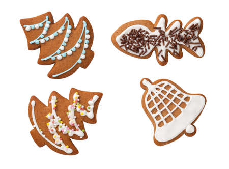 Gingerbread cookies isolated on white background. Top viewの写真素材