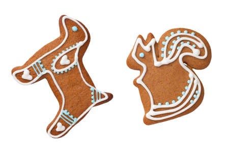 Gingerbread dog and squirrel cookies isolated on white background. Top viewの写真素材