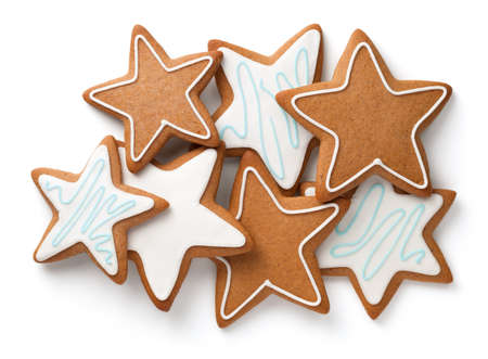 Gingerbreads composition. Cookies in shape of stars isolated on white background. Top viewの写真素材