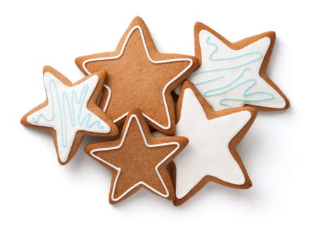 Christmas gingerbread stars composition isolated on white background. View from aboveの写真素材