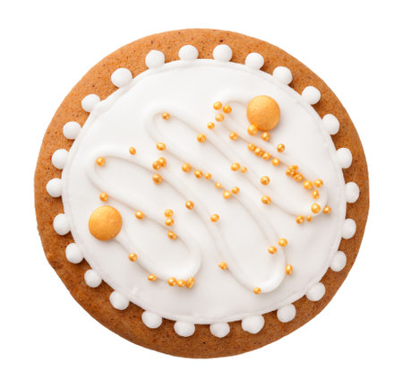 Christmas gingerbread cookie in shape of circle isolated on white backgroundの写真素材