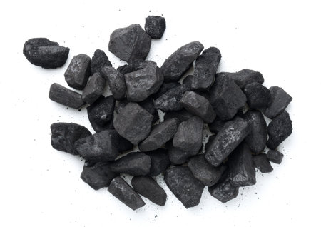 Heap of coal isolated on white background. Top viewの写真素材
