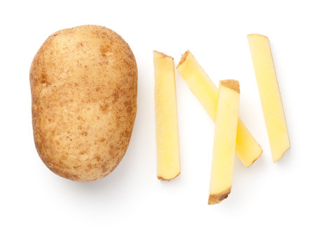 Fresh raw potato with french fries isolated on white background. View from aboveの写真素材
