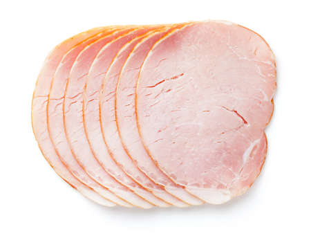 Sliced smoked pork loin isolated on white background. Top viewの写真素材