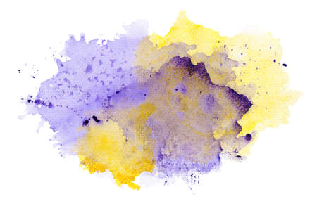 Abstract purple and yellow watercolor splash with glitter isolated on white backgroundの写真素材