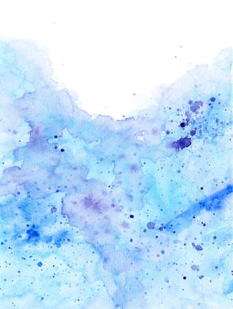 Abstract watercolor background with light blue and purple blots and splatters. Copy space. Multi-layer smearsの写真素材