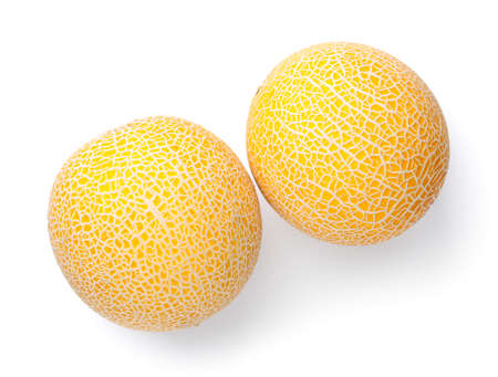 Galia melon isolated over white background. Two fresh whole fruits. View from aboveの写真素材