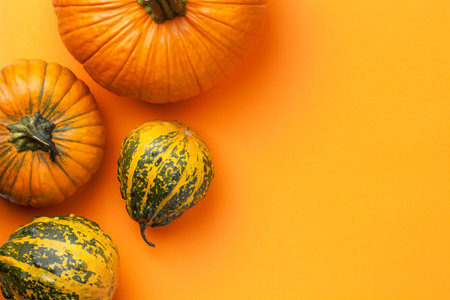 Autumn decorative pumpkins on orange paper background with copy space. View from aboveの写真素材