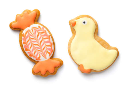Easter cookies isolated on white background. Candy and chick. Flat lay. Top view