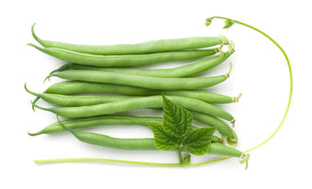 Green beans composition with leaf isolated over white background. View from above, flat lay