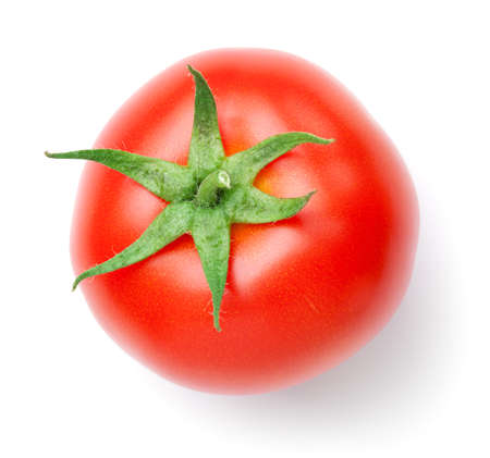 Red tomato with green stem isolated on white background. Top viewの写真素材