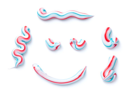 Set of striped toothpaste isolated on white background. Top viewの写真素材
