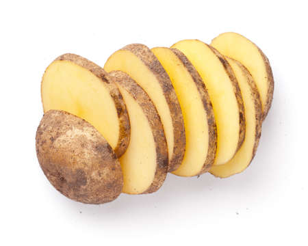 Sliced organic potato isolated on white background. View from aboveの写真素材