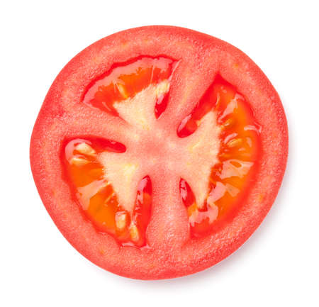 Tomato slice isolated over white background. Top view, flat layの写真素材