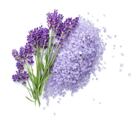 Lavender flowers and salt isolated on white background. Top viewの写真素材