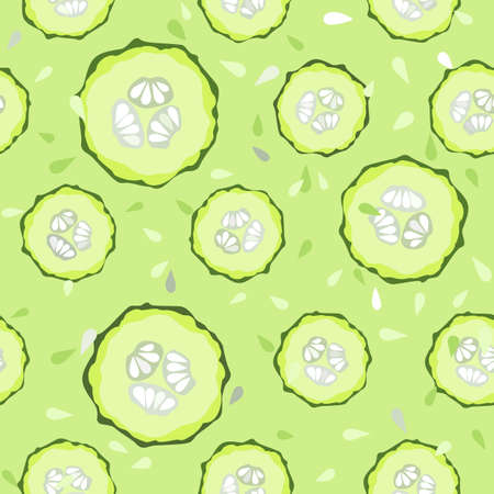 Seamless pattern with fresh green hand drawn cucumber slice. Vegetable repeated vector illustration.のイラスト素材