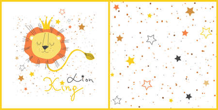 Hand drawn cute cartoon lion king character and seamless pattern with star and dots. Set of textile design illustration. Vectorのイラスト素材