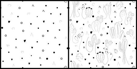 Vector seamless pattern with hand drawn cactus and geometric elements. Black and white repeated background.のイラスト素材