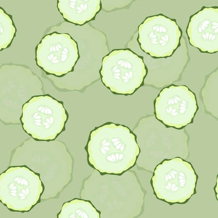 Seamless pattern with fresh green cucumber slice. Vegetable repeated vector illustration.のイラスト素材