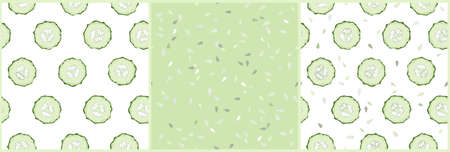 Seamless pattern with fresh green cucumber slice and seed. Set of repeated vegetable background. Vectorのイラスト素材