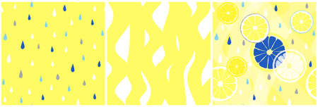 Set of vector repeated background in fresh yellow color with lemon fruits and seeds. Abstract seamless pattern for fabric or wallpaper.のイラスト素材