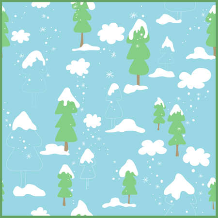 Winter christmas seamless pattern with snow and trees. Repeated holiday illustration in blue, green and white colors. Vectorのイラスト素材