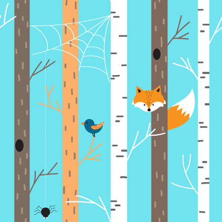 Hand drawn seamless vector pattern on blue background. Simple forest design with fox, spider, spider web and bird. Custom tree wall decoration. Repeated background for fabric, wallpaper, giftwrap design.のイラスト素材