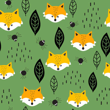 Forest seamless vector pattern. Simple design with fox, leaf and spider on green background. Repeated illustration for fabric, wallpaper, giftwrap design.のイラスト素材