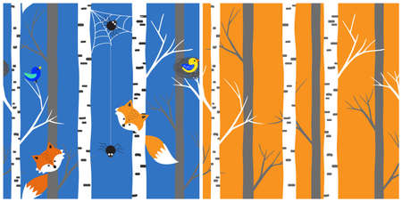 Set of seamless vector pattern. Simple forest design, fox, spider, spider web and bird. Repeated background for fabric, wallpaper, giftwrap design.のイラスト素材