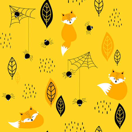 Forest seamless vector pattern. Simple design with fox, leaf, spider and spider web on yellow background. Repeated illustration for fabric, wallpaper, giftwrap design.のイラスト素材