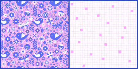 Scandinavian folk vector seamless pattern with bird, flower, butterfly and ladybird. Checkered repeated background. Set of endless illustrations in pink and violet.のイラスト素材