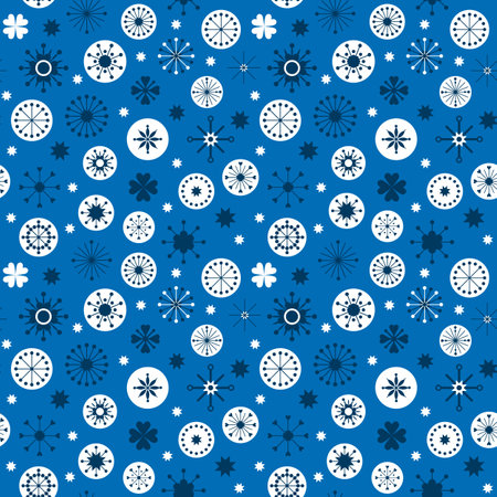 Christmas seamless pattern with snowflakes. Vector holiday winter illustration in blue and white. Scandinavian flat style for greeting card, decor, banner, flyer, poster, fabric.のイラスト素材
