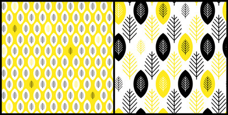 Set of leaves seamless pattern vector illustration in yellow, white and black. Floral organic repeated backgrounds for fabric, wallpaper, giftwrap design.のイラスト素材