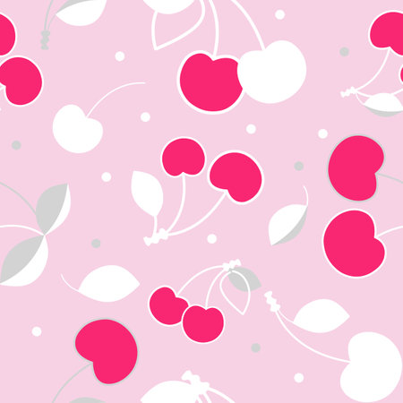 Juicy cherries seamless pattern on pink background. Hand drawn fruit repeated vector illustration for fabric, wallpaper, giftwrap design.のイラスト素材