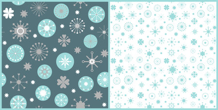 Christmas seamless patterns with snowflakes. Vector winter illustration in gray, green and white. Scandinavian flat style for greeting card, decor, banner, flyer, poster, fabric.のイラスト素材