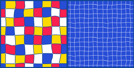 Minimal seamless check pattern in blue, red, white and yellow. Set of repeated vector backgrounds for fashion textile print.のイラスト素材