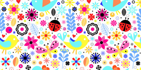 Vector seamless pattern with bird, flower, butterfly and ladybird. Scandinavian folk repeated background with colorful nature vibrant elements.のイラスト素材