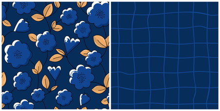 Floral vector seamless pattern in navy blue colors. Set of hand drawn repeated backgrounds with abstract flowers and check pattern.のイラスト素材