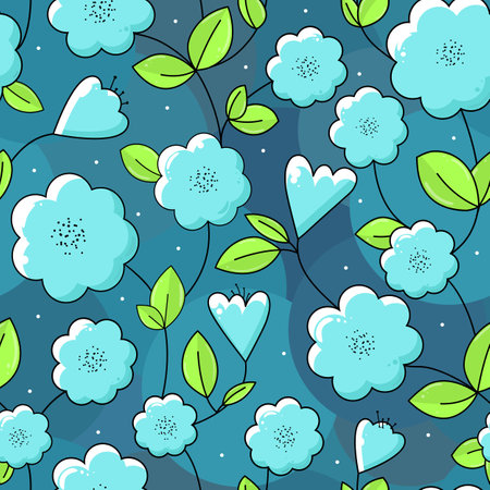 Floral vector seamless pattern in blue, green colors. Hand drawn abstract flowers with leaves repeated background.のイラスト素材