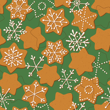 Christmas gingerbread cookies stars seamless pattern. Holiday vector illustration repeated background for wallpaper, gift paper, pattern fills, textile, greetings cards.のイラスト素材