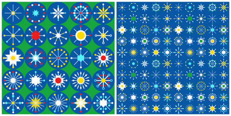 Set of Christmas seamless pattern with snowflakes. Vector holiday winter illustrations in blue, white, green. red and yellow.. Scandinavian flat style for textile, greeting card, decor, banner, flyer, poster, fabric.のイラスト素材