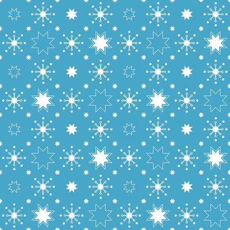 Christmas seamless pattern with white stars and snowflakes on blue background. Vector repeated background. Winter illustration for wallpaper, textile, greeting card, decor, banner, flyer, poster, fabric.のイラスト素材