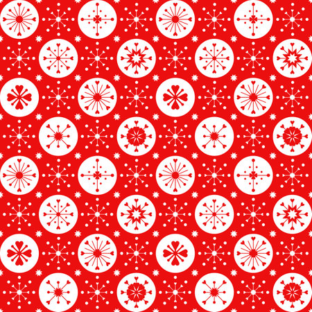 Christmas seamless pattern with white hearts, stars and snowflakes on red background. Winter vector illustration. Repeated background for wrapping paper, textile, fabric, banner, poster.のイラスト素材