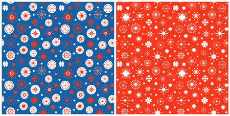 Christmas set of seamless pattern with snowflakes. Vector winter illustrations in red, blue and white. Scandinavian flat style for greeting card, decor, banner, flyer, poster, fabric.のイラスト素材