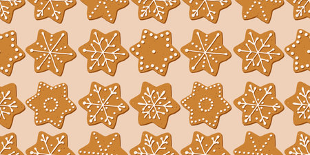 Christmas gingerbread cookies in shape of stars seamless pattern. Vector illustration holiday repeated background for wallpaper, gift paper, pattern fills, textile, greetings cards.のイラスト素材