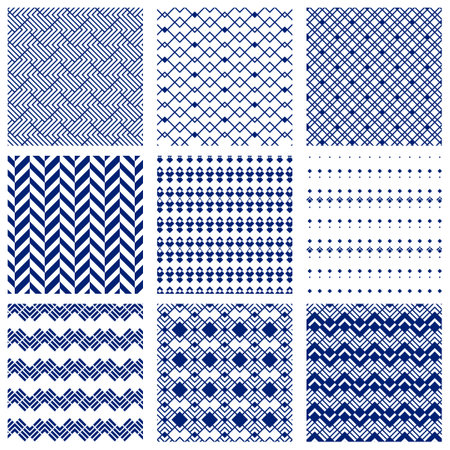 Set of simple geometrical seamless patterns in navy blue and white colors. Abstract vector illustration for wallpaper, flyer, cover, banner, design template minimalistic ornament. Eps 10のイラスト素材